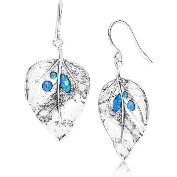 925 Sterling Silver Dangle Leaf Shape Earrings with Opal for Women